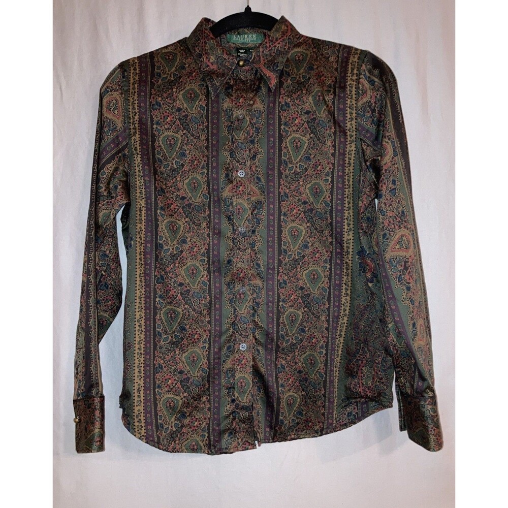 Lauren Ralph Lauren Women’s Petite M Paisley Silky Button Up Long Sleeve Top